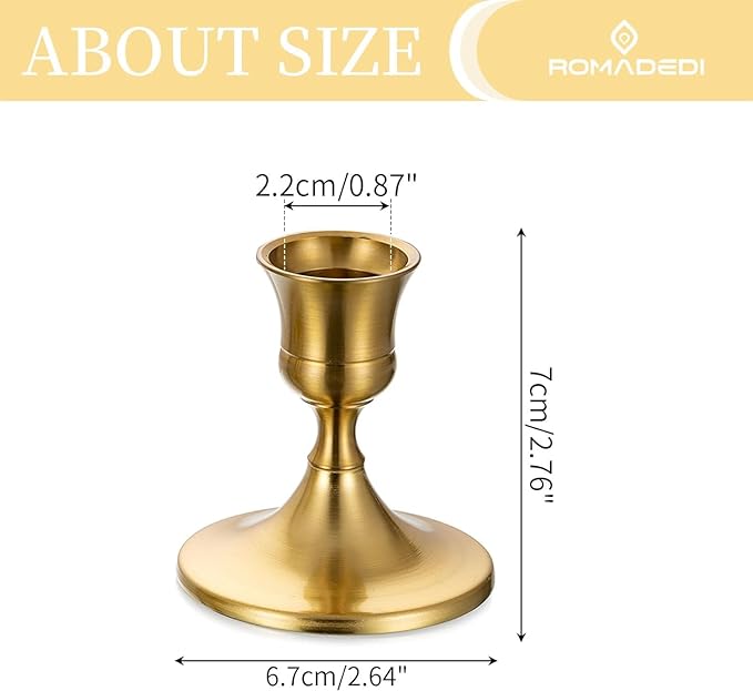 Romadedi Gold Candlestick Candle Holders for Taper, 2 PCS Gold Brass Color Candle Stick Candle Holder for Table Centerpiece, Wedding Reception, Festive Christmas Mantel Decoration or Home Decor