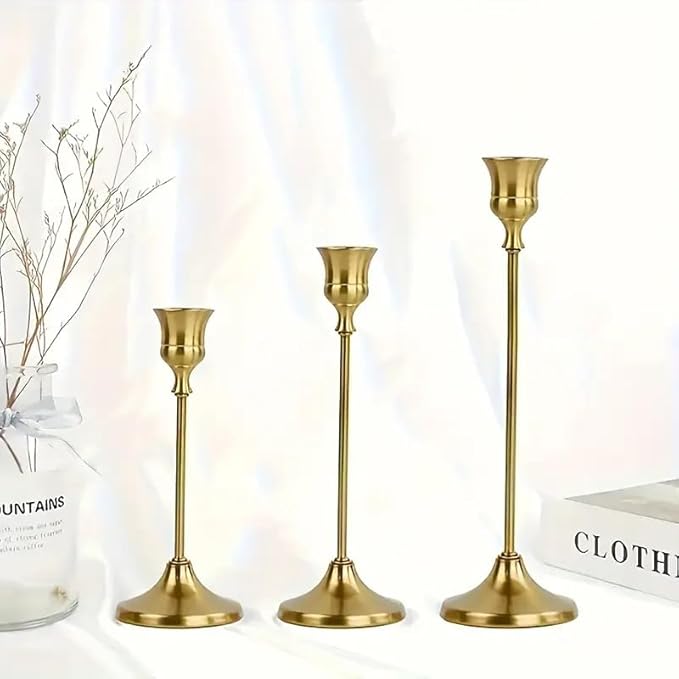 4 Sets(12 Pcs) Candle Stick Holders,Brass Gold Metal Taper Candle Holders, Vintage Modern Decorative Centerpiece Candlestick Holders for Table Mantel Wedding Housewarming Gift