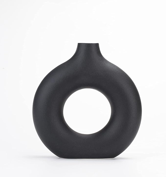CEMABT Black Donut Vase Hollow Ceramic Vase for Flowers Handmade Minimalist Boho ins Style Modern Home Decor for Wedding Dinner Table Party Living Room Office Bedroom(M