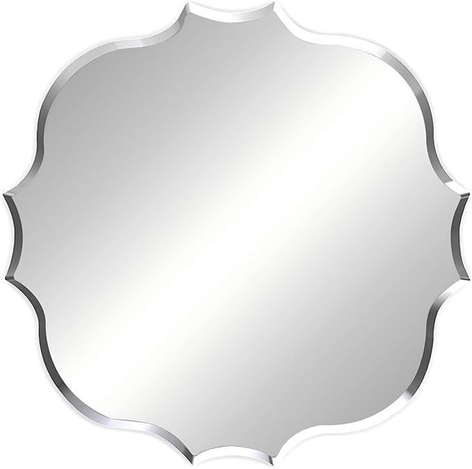 Frameless Scalloped Wall Mirror: Decorative Scallop Round Mirrored Glass Vanity with Beveled Silver Edge for Bathroom Bedroom Livingroom Dining Room Entryway Hallway, 32 x 32 inch