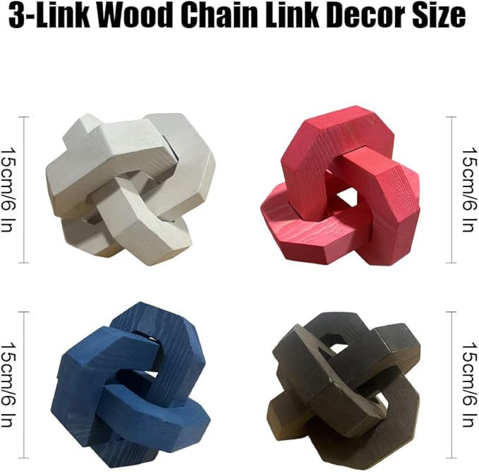 Wood Knot Chain Link Decor,6 in 3 Link Wood Knot Decor,Single or Double Links Hand Carved Decorative Links Knots Accents for Coffee Table,Bookshelf,Entryway Desk,Shelves (Single-Black)
