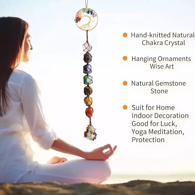 2 Pieces of 7 Chakras Healing Crystals and Tree of Life Wall Hanger Tumbled Gemstones Meditation Hanging Ornament Christmas Tree Memorial Hanging Pendant (Style 2)