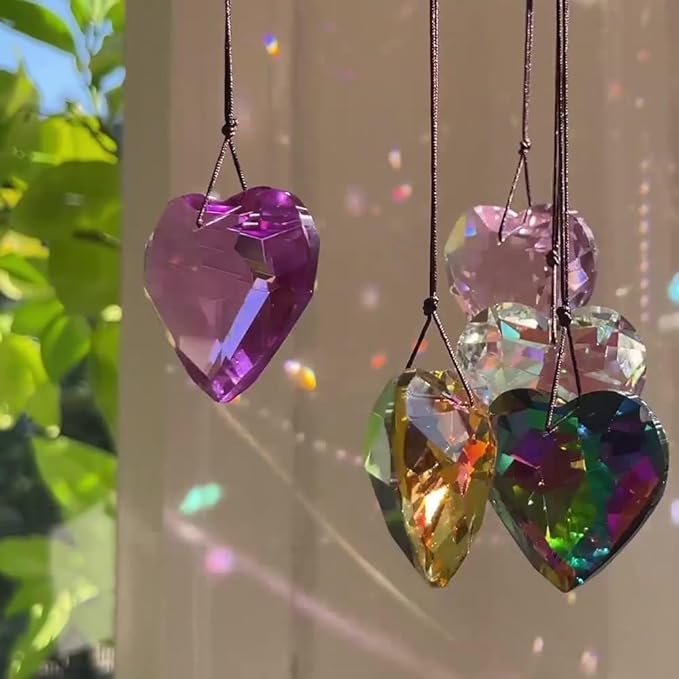 Colorful Heart Crystals Suncatcher Hanging Sun Catcher with Chain Pendant Ornament for Window Home Garden Christmas Day Party Wedding Decoration (Red)
