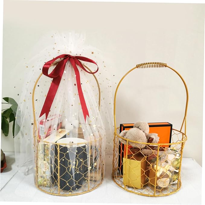 Round Wire Basket with Handle Decorative Storage Basket for Wedding Flower Girl Fruits Crafts Versatile Home Organizer for and Decor