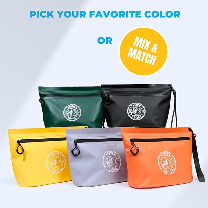3-Pack Tactiko 3L Water Resistant Pouches - Waterproof Material w/Splashproof Zipper - Hold All Zipper Bags for Storage, Toiletries,Travel, Beach, Cruise, Home (3, Yellow/Red/Gray)