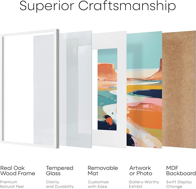 Homeforia 6x6 Picture Frames White, High-End Oak 6 x 6 Square Wood Frame with Mat 4 by 4 inch Photo, 6x6 Wooden Frame Matted to 4x4 Art, 6by6 Wall or Tabletop Frames, Tempered Glass, Wall Kit, Set of 1