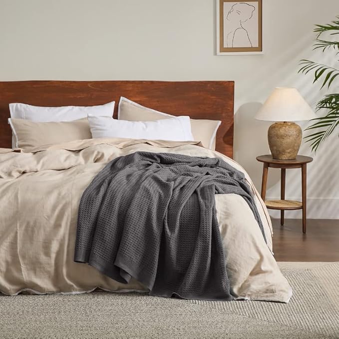 Bedsure Gentlesoft 100% Cotton Blanket King Size for Bed - Breathable and Soft, Thick Cozy Waffle Weave Christmas Blanket Gift for Women, Dark Grey, 104x90 inches