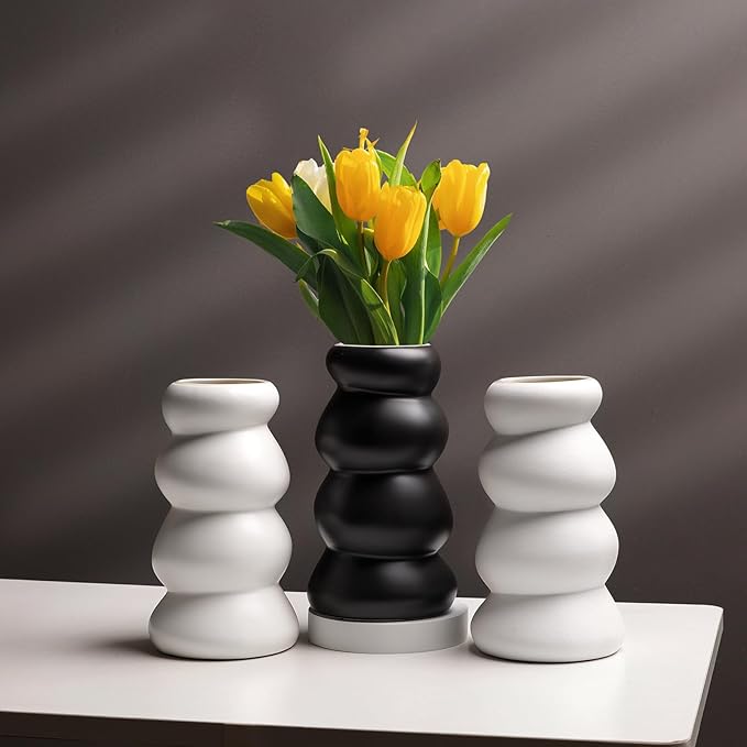 BosilunLife Ceramic Vase with Stacked Bubble Design – Boho Modern Sculptural Flower Vase for Home Decor, Shelf or Table Centerpiece (Unglazed White)