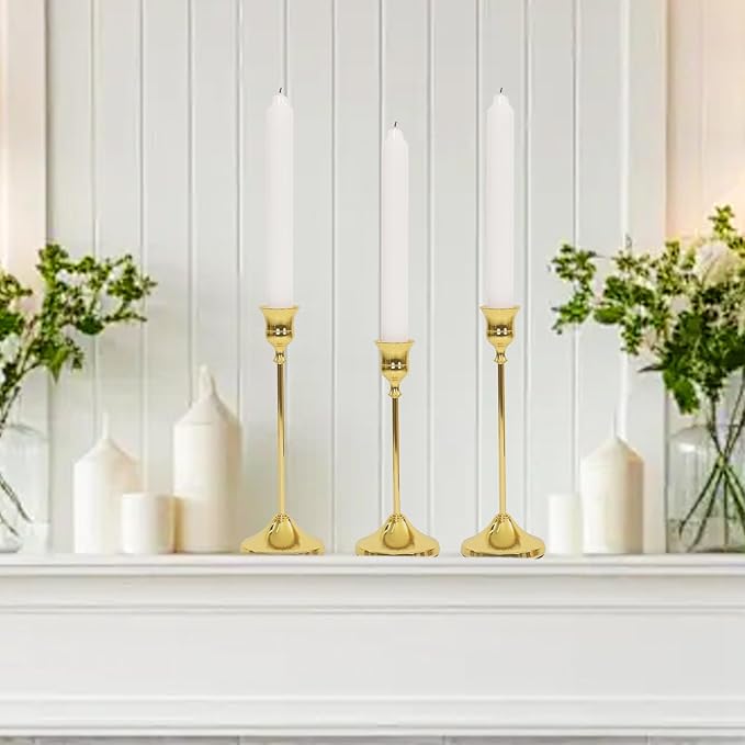 Candlestick Holders 15 PCS, Metal Taper Candle Holder, Brass Gold Candle Holders for Pillar Candles, Vintage Dining Table Centerpiece Decorations for Wedding Party Christmas Halloween Decor