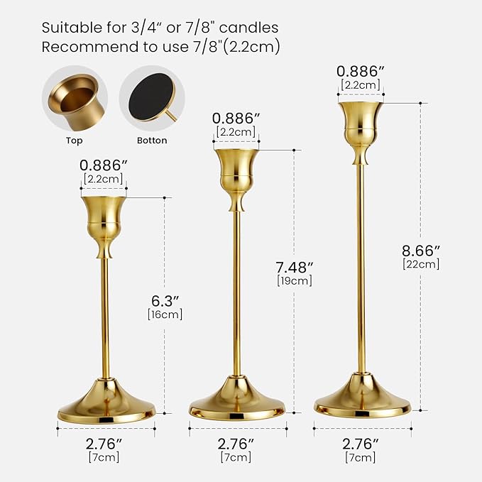 SylvaCraft Brass Gold Candle Holders Rustproof Taper Candlestick Holders for Holiday Party Table Centerpiece Wedding Fireplace Mantel Housewarming Gift(2 Sets(6 Pcs)) 