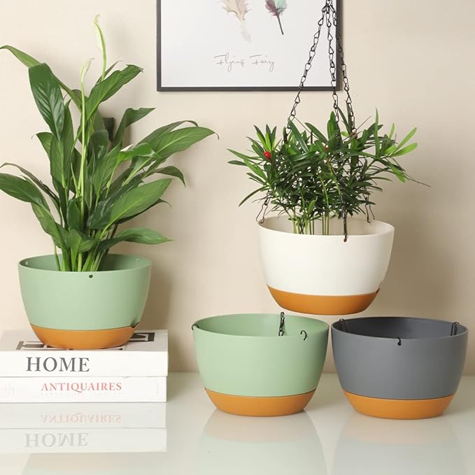 Lookat Set of 3 Self-Watering Hanging Pots for Plants Outdoor Indoor, Hanging Planters with Drainage Hole (8.3inch Green(3 Pieces))
