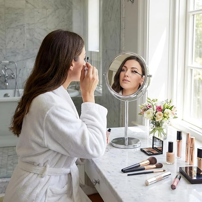 10X Magnifying Makeup Mirror on Round Stand for Tabletop, Bedroom Vanity Desk and Bathroom Counter - Free Standing Double Sided 10X/1X Magnification Mirror - 7" Wide and 14" Tall (Chrome)