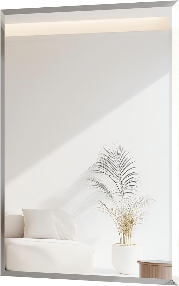 Frameless Rectangular Wall Mirror: Decorative Rectangle Mirrored Glass Vanity with Beveled Silver Edge for Bathroom Bedroom Livingroom Dining Room Entryway Hallway, 20 x 16 inch
