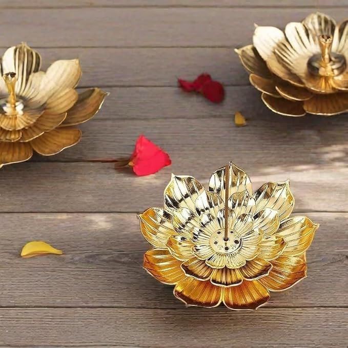 Incense Holder with Incense Stick Tray,Multi-Functional Incense Burner and Stick Holder Combo,Detachable Ash Catcher (Golden,Bronze Lotus)