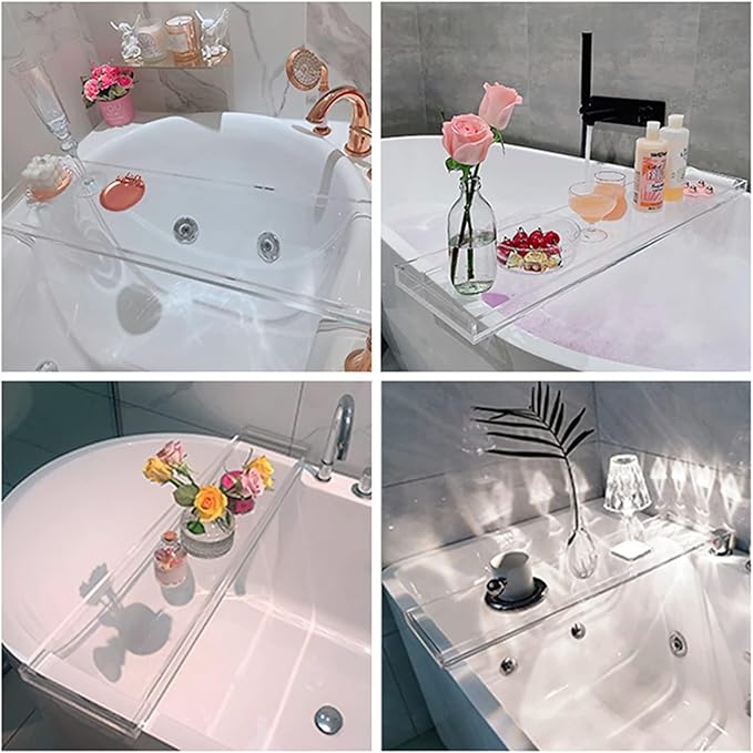 Bathtub Tray Table, Clear Acrylic, Anti-Slip Bath Caddy, L32.3″ * W7.87″ * H1.18″ (Blue, L29.9 x W7.87 x H1.18)