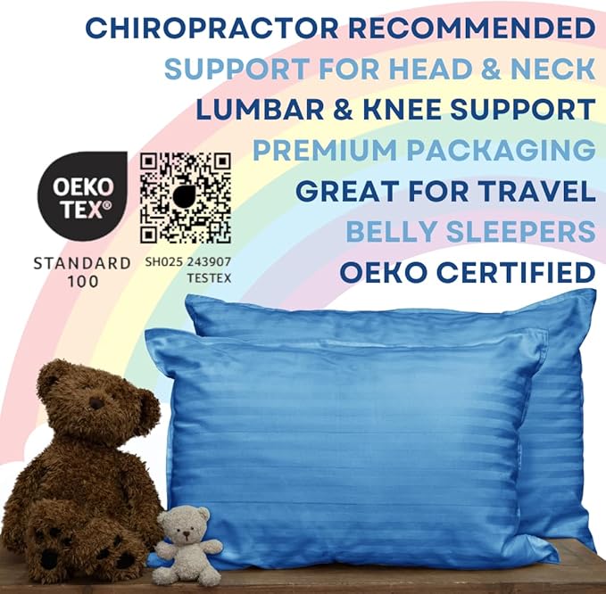 kinder Fluff Children Pillows for Bed (2X) 14x20in- The Only Kids Pillow 300T Cotton Shell & Down Alternative Fill - Travel Pillow for Children Bedding Set Sleeping Pillow Floor Bed Pillows- Blue- M