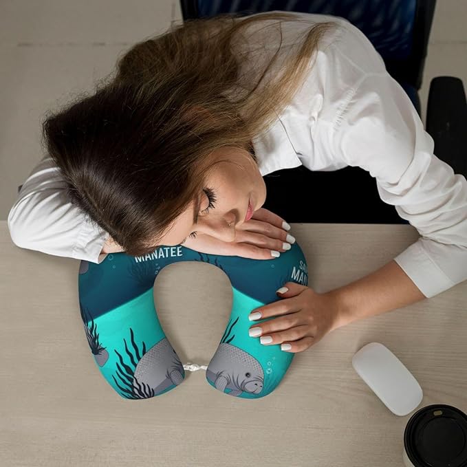 Neck Pillows for Travel Crazy Save Manatee, Women and Men Airplane Car Pillow, Neck Support U Shaped Pillow for Rest Pain Relief Sleeping