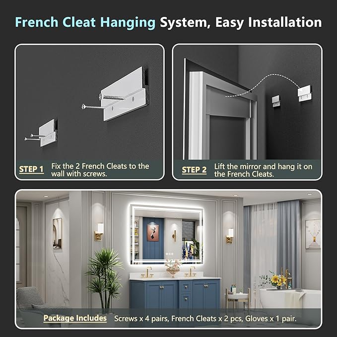 60x30 LED Bathroom Mirror with Lights, Backlit & Front Lit, Anti-Fog Frameless Lighted Vanity Mirrors for Bathroom Wall, Dimmable, 3-Color Light, Memory, Shatter-Proof, Tempered Glass, CRI>90