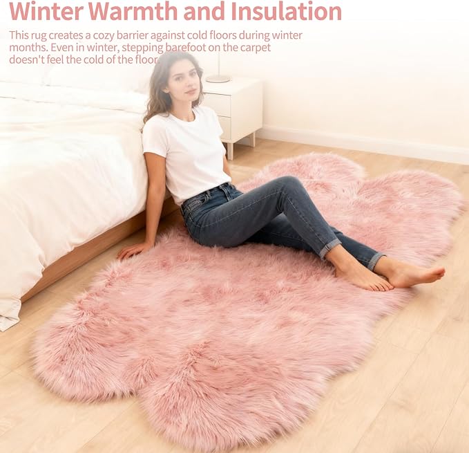 Pink Samll Faux Fur Sheepskin Area Rug for Living Room Bedroom, 2 x 3 Feet Ultra Soft Shaggy Fuzzy Furry Carpet Chair Throw Rugs for Kids, Girls, Nursery Room Decor Dorms