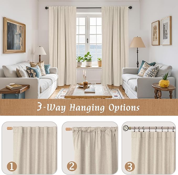 LAMIT Oatmeal 100% Blackout Linen Curtains, 84 Inch Linen Textured Living Room Farmhouse Curtains Room Darkening Back Tab and Rod Pocket Burlap Neutral Panels with White Liner, 2 Panels, 52 x 84 Inch