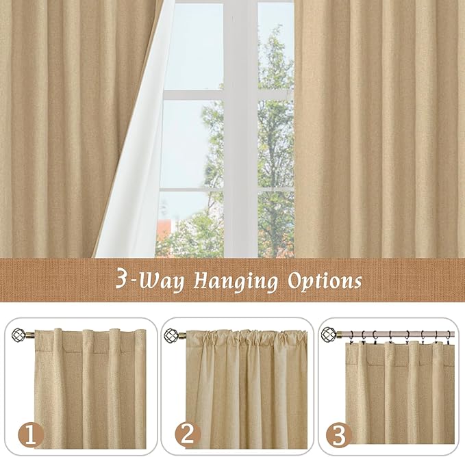 LAMIT 100% Blackout Curtains for Living Room, 95 Inches Natural Linen Textured Thermal Bedroom Curtains Back Tab and Rod Pocket Farmhouse Burlap Panels with White Liner, 2 Panels, 52 x 95 Inch