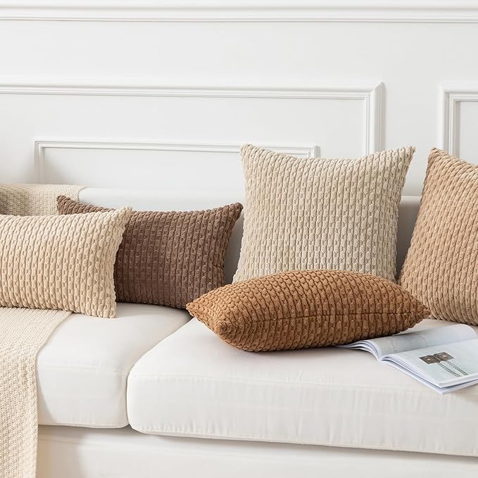 Kevin Textile Throw Pillow Covers Soft Corduroy Decorative Set of 2 Boho Striped Pillow Covers Pillowcases Farmhouse Home Decor for Couch Bed Sofa Living Room 24x24 Inch Khaki