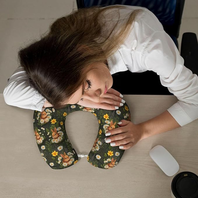 Comfortable Memory Foam Neck Pillow Rabbit Bunny, Travel U Shaped Airplane/Car/Flight Pillows with Removable Zipper Cover, Chin Head Neck Support Cushion