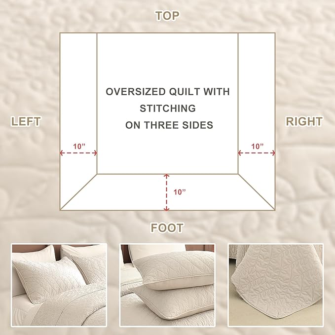 Sanracie California King Quilt Set 128"x 120", Wheat Colored 100% Cotton Oversized King Bedspread Coverlet Set Leaves Quilting 3Pcs Extra Large Wide Quilt Bedding Set for All Season Lightweight Soft