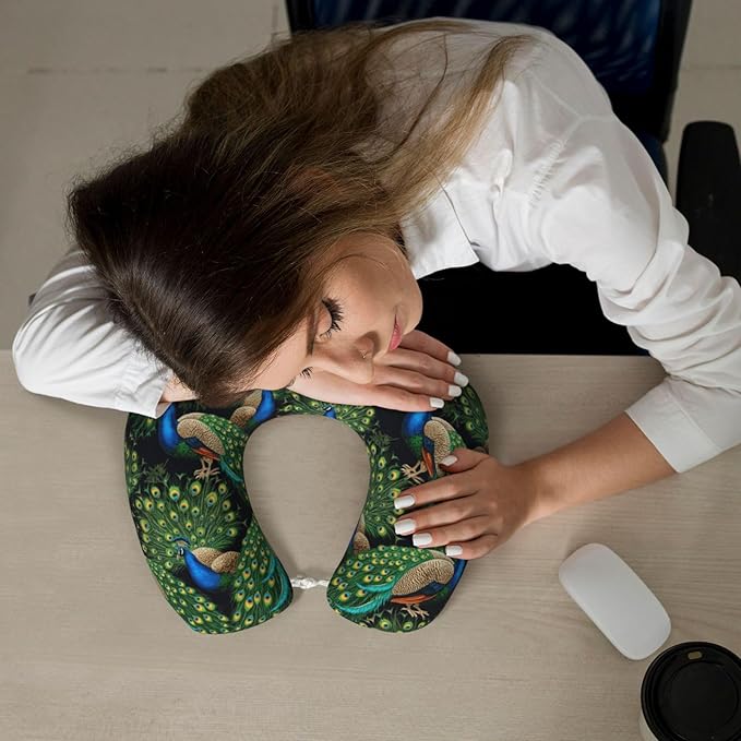Travel Neck Pillows for Sleeping Rest Car Airplanes Peacock Art, Memory Foam with Removable Breathable Zipper Cover Washable for Men Women