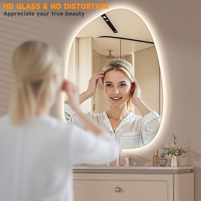 Hasipu Irregular Wall Mirror with Lights- 31"x24" Large Vanity Mirror with Anti-Fog, 3 Color Modes,Dimmable Light, Memory Function, Backlit Wall Mount, Horizontal/Vertical