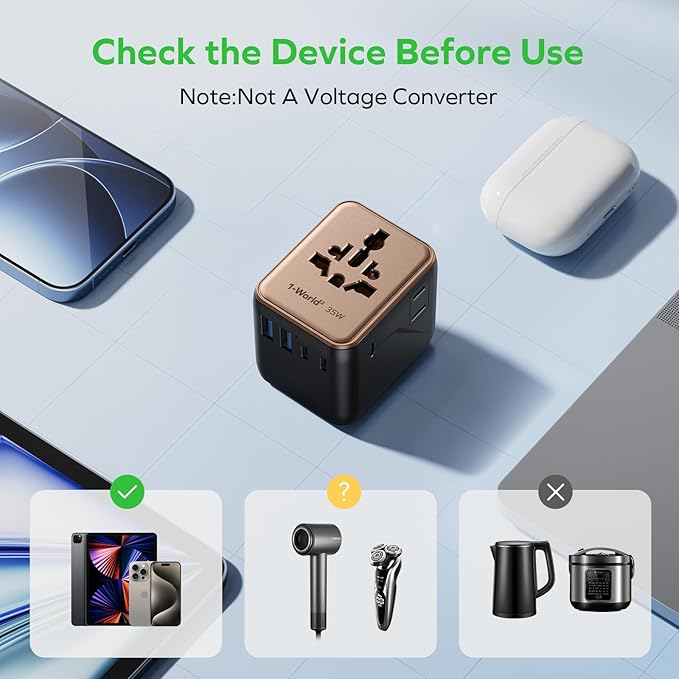 MOMAX 7-in-1 Universal Travel Adapter, 3 USB-C PD & 2 USB-A QC, 2AC, All-in-one European Travel Plug Adapter, International Power Adapter for Travel UK EU AUS JP, Travel Essentials