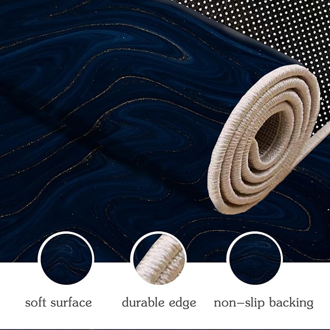 Luxury Marble Rugs - 7x10 Area Rug, Navy Blue Marble Area Rugs, Modern Abstract Living Room Rug, Washable & Non Slip Large Rug Home Decor