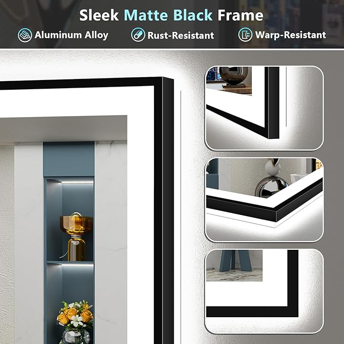 36x36 Black Framed LED Bathroom Mirror with Lights, Backlit & Front Lit, Anti-Fog Lighted Vanity Mirrors for Bathroom Wall, Dimmable, 3 Colors, Memory, Shatter-Proof, Tempered Glass, CRI>90