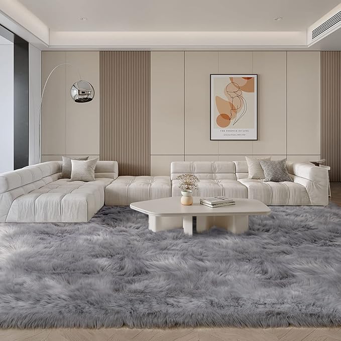 SERISSA Ultra Soft Faux Fur 6x9 Feet Fluffy Shaggy Area Rug Grey Faux Sheepskin, Fuzzy, Furry Throw for Living Room, Bedroom, Nursery