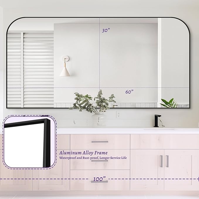 Bathroom Mirror, Wall Mirrors, Black Metal Framed Wall-Mounted Mirrors, Bathroom Vanity Mirror for Over Sink, Living Room, Bedroom, Entryway, 60x30 Inch, Black