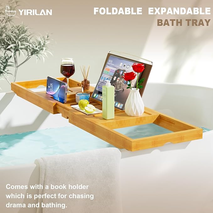 Yirilan Bamboo Bathtub Tray Caddy,Bath Tray,Bamboo