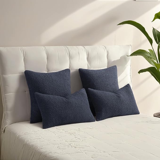 HAUSSY Set of 2 12x20 Decorative Throw Pillow Covers, Soft Cozy Textured Boucle Lumbar Pillow Cases, Home Decor for Couch Bed Living Room, Navy Blue