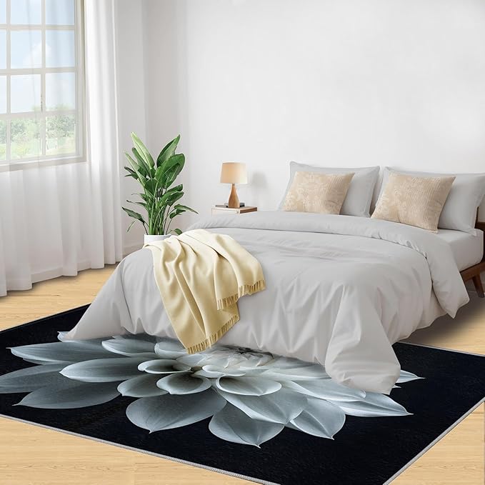 Petals Washable Area Rugs 4x5 Non-Slip Dahlia Living Room Rug White Flower Soft for Carpet Low Pile Indoor Door Mat & Room Decor