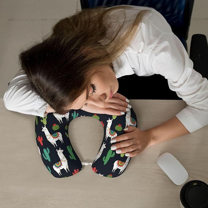 Travel Pillow Chin Neck Support, Comfortable Airplane Car Pillows for Rest, Memory Foam U Shaped Office Home Nap Sleeping Cushion Llama Alpaca Cactus
