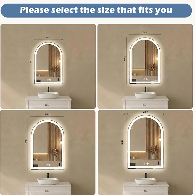 Sweetcrispy 28"×36" LED Bathroom Mirror with Lights, Arched Vanity Mirror with Anti-Fog, Dimmable, 3-Color Light, Memory Function, Tempered Glass