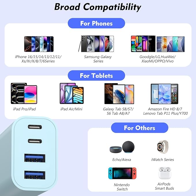 40W iPhone 17 Fast Charger Block,3Pack 4-Port USB C Charging Blocks QC Wall Plug+PD 3.0 Power Adapter Multiport Apple USB C Charging Plug for iPhone 17/Air/Pro/16/16e/15/15 Pro Max/14/13/12/iPad(Blue)