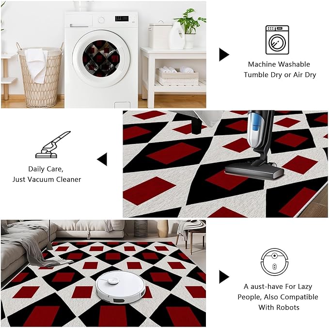 Plaid Rug 5x6, Vintage Geometric Soft Ultra Soft Faux Wool Low Pile Rug, Indoor Floor Mats Carpet, Non-Slip Stain Resistant Washable Rugs, Modern Red Rugs for Living Room Home Office Decor