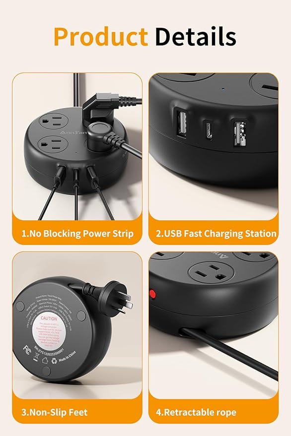 Australia Travel Adapter with USB C, US to Australia Plug Adapter with 4 Outlets 3 USB Ports, Type I Outlet Adapter for US to New Zealand, China, Argentina,Fiji, AU (Black)