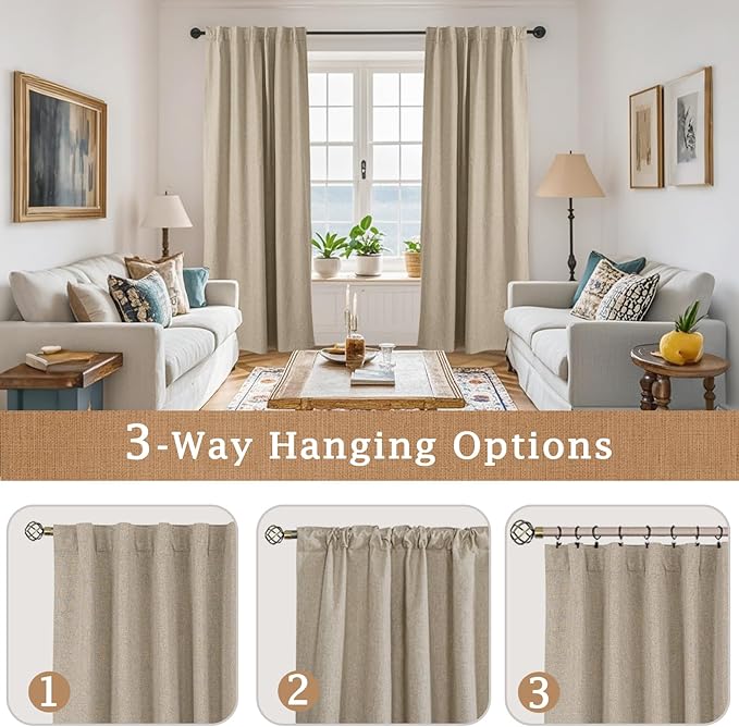 LAMIT 100% Blackout Linen Curtains, 84 Inch Linen Textured Living Room Farmhouse Curtains Room Darkening Back Tab and Rod Pocket Neutral Panels with White Liner, 2 Panels, 38 x 84 Inch, Taupe