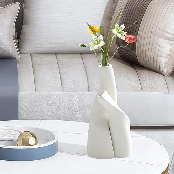 Irregular Circular Cross Ceramic Vase Set,Modern Minimalist Abstract Art Flower Vase for Home Decor,Decorative Small Bud Vase for Home Office Shelf Decor(Black White)
