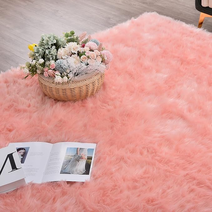Pink Washable Fluffy Circle Rugs for Bedroom Small Faux Sheepskin Shag Fur Round Rugs 4ft Nursery Rug Cute Room