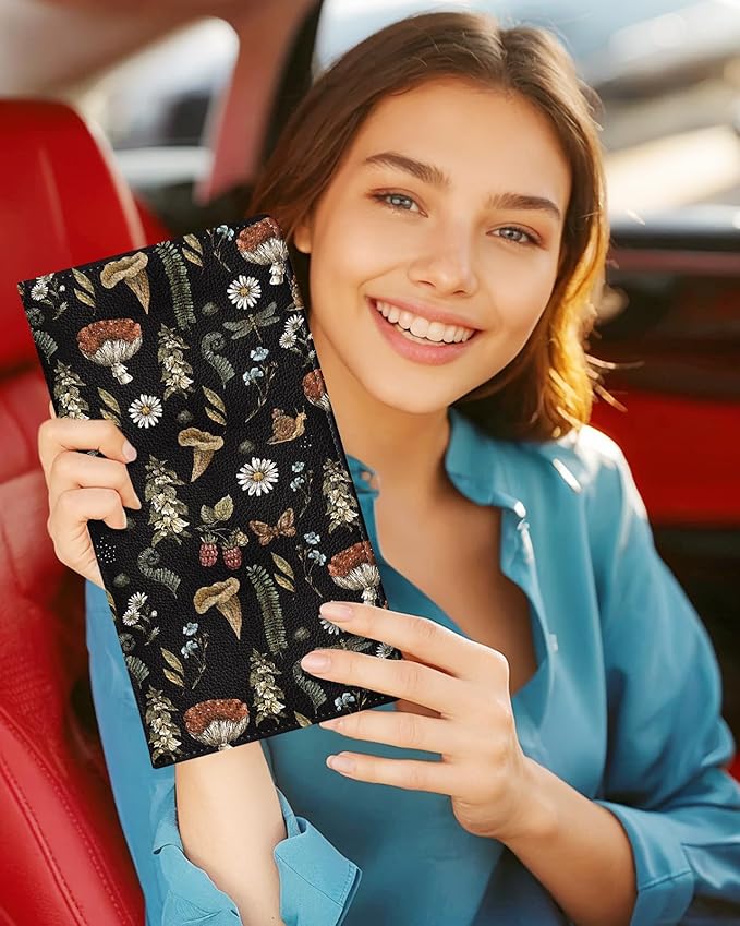 Slohif Car Registration and Insurance Card Holder with Magnetic Shut - Vehicle Glove Box Organizer Women Leather Automobile License Holders Coasters Auto Accessories Case for Document,Mushroom