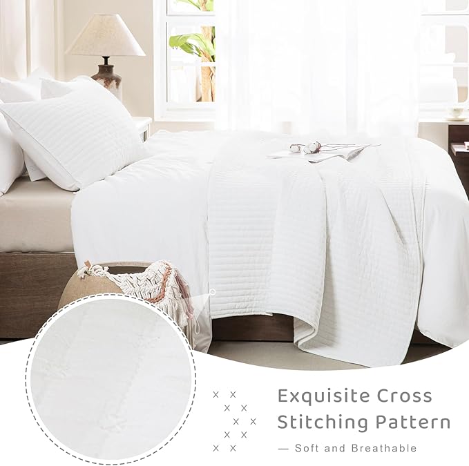 Sanracie Stonewashed Oversized King Bedspread(118"x106"), Cotton Milk White California King Quilt Coverlet Cross Stitch Ultra Soft Lightweight 3Pcs Crinkle Bed Coverlet Set for All Season