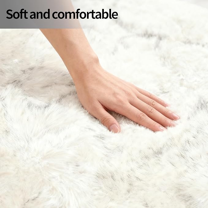Faux Fur Sheepskin Area Rug for Living Room Bedroom, White with Grey Tips, 6 x 6 Feet Ultra Soft Shaggy Fuzzy Furry Carpet Chair Throw Large Rugs for Kids, Girls, Nursery Room Decor Dorms