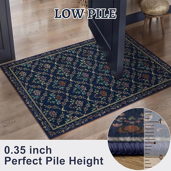 Tangsoo 2x6 Washable Runner Rug for Hallways, Non Slip Blue Floral Carpet Runner, Soft Low Pile Floor Carpet Runner for Kitchen, Laundry, Bedroom, Bathroom, Living Room Home Decor